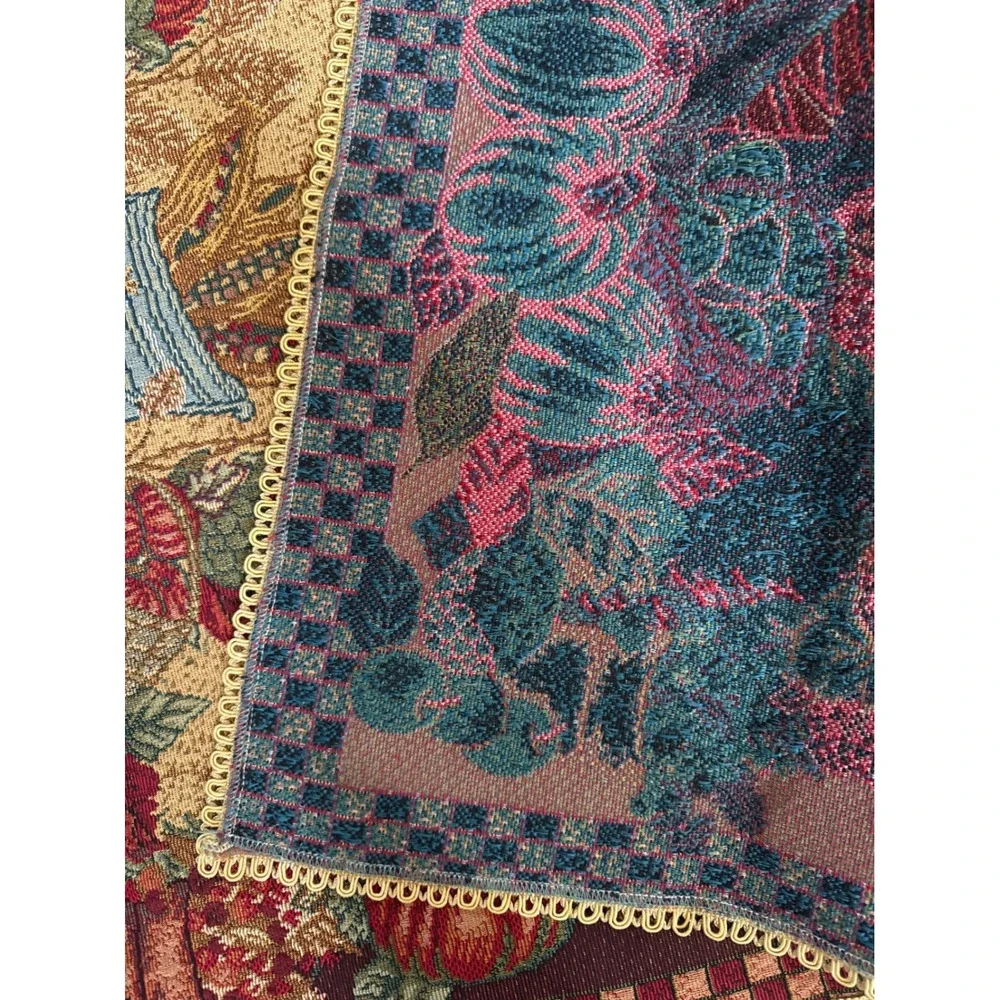 Vintage Woven Harvest Tapestry Table Runner Fruit Cornucopia Lace Trim 31x36